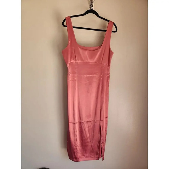 Defect Maeve Square-Neck Satin Stretch Midi Dress size L Rose Pink 9B402 - Picture 2 of 16